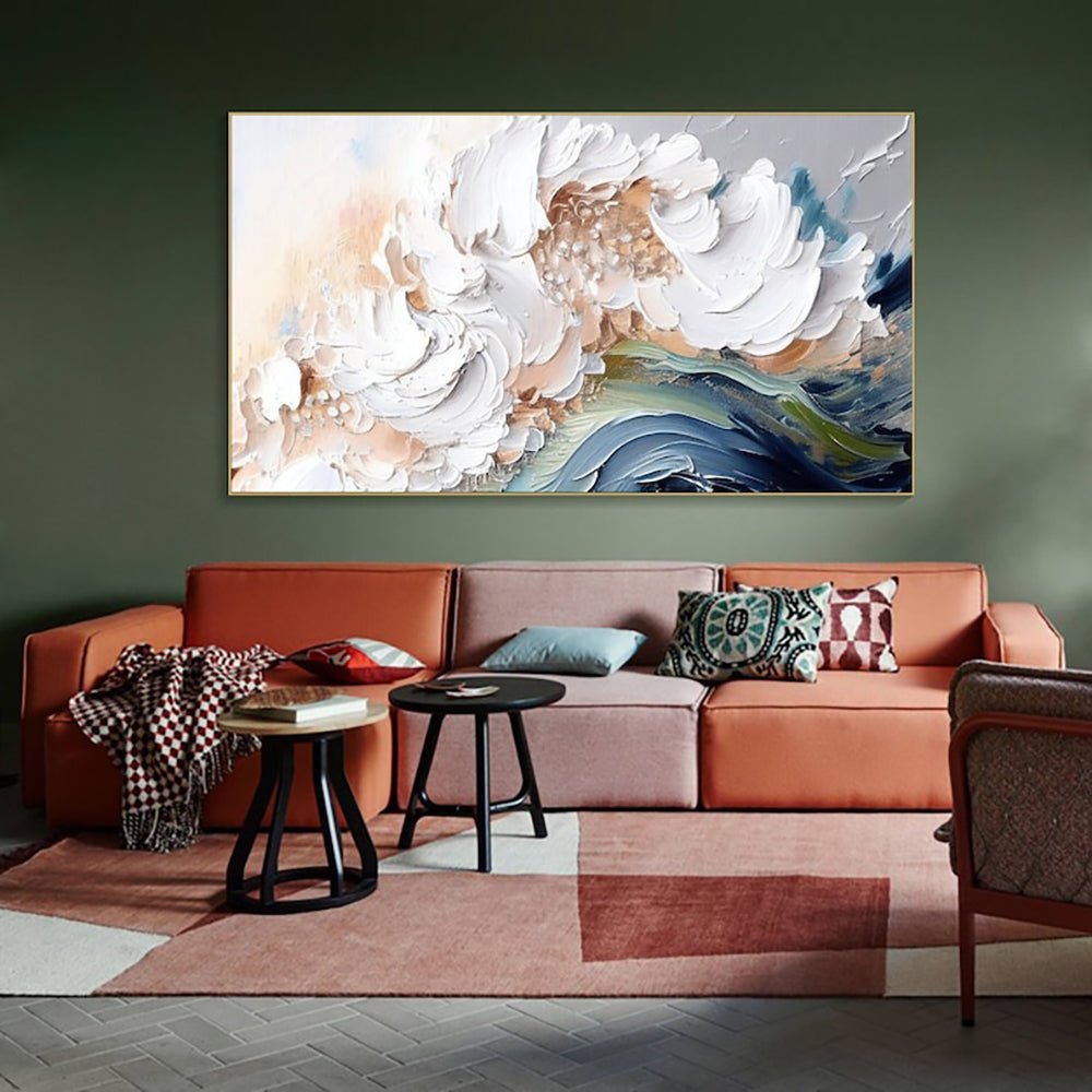 Peinture huile moderne abstraite faite main, texture épaisse vagues blanches XXL - IVOIRART.COM