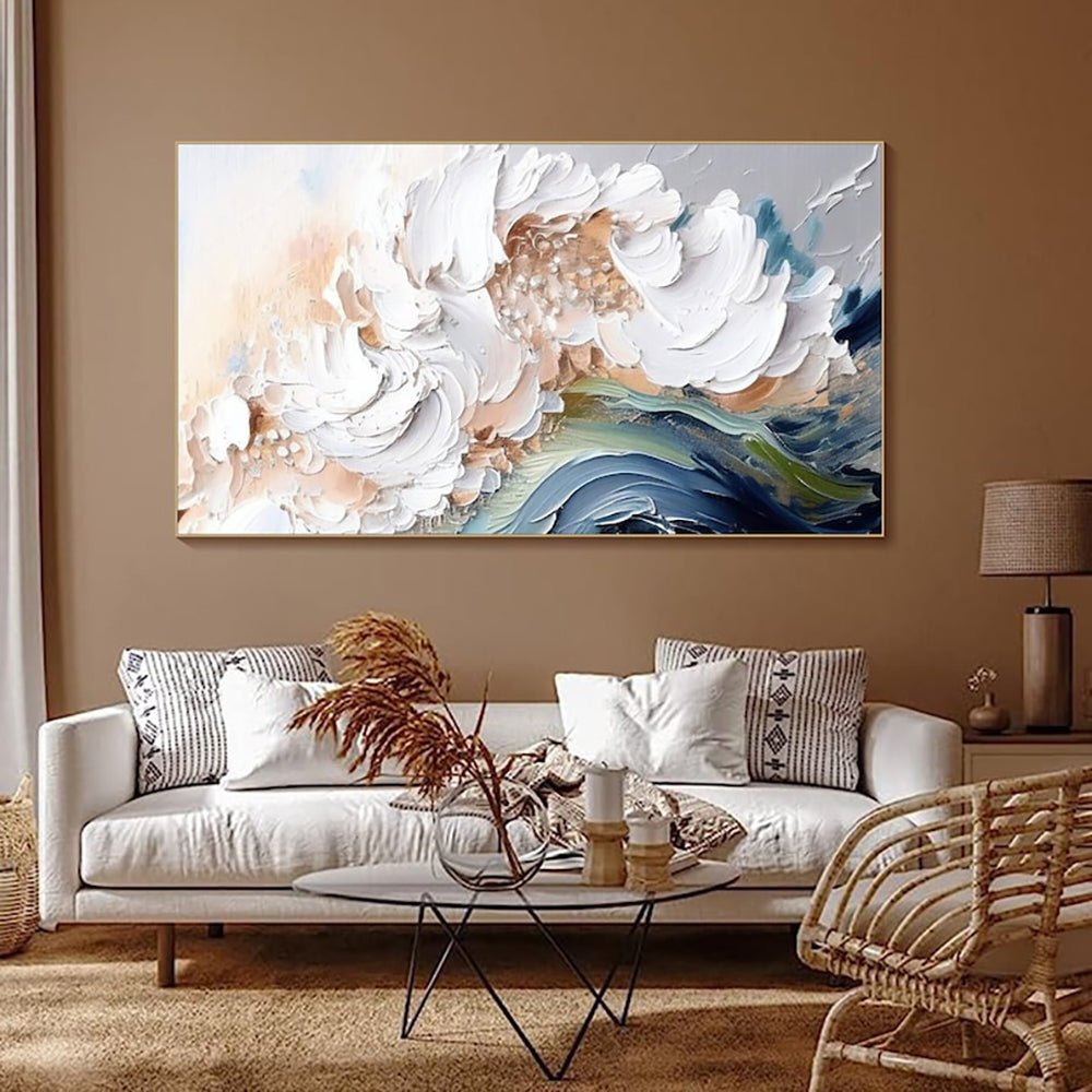 Peinture huile moderne abstraite faite main, texture épaisse vagues blanches XXL - IVOIRART.COM