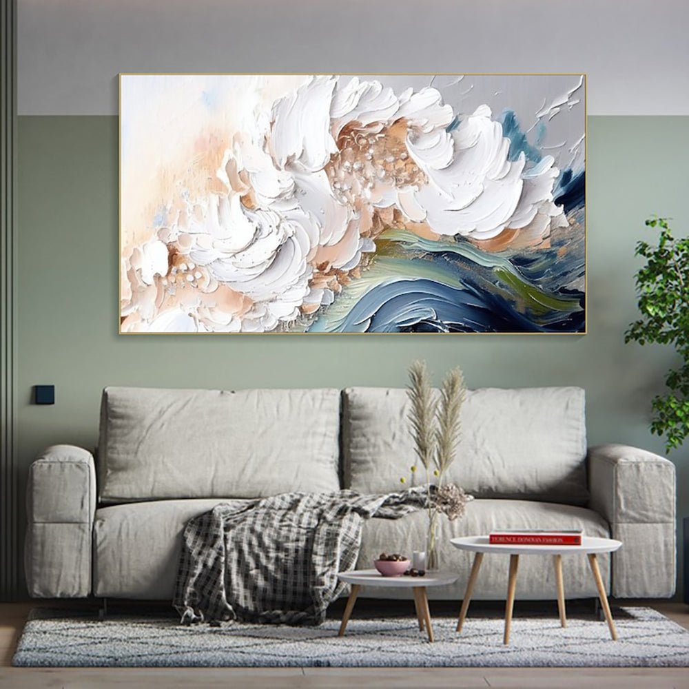 Peinture huile moderne abstraite faite main, texture épaisse vagues blanches XXL - IVOIRART.COM