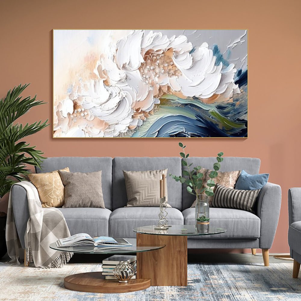 Peinture huile moderne abstraite faite main, texture épaisse vagues blanches XXL - IVOIRART.COM