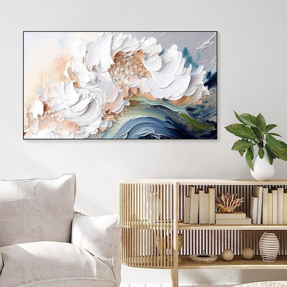 Peinture huile moderne abstraite faite main, texture épaisse vagues blanches XXL - IVOIRART.COM