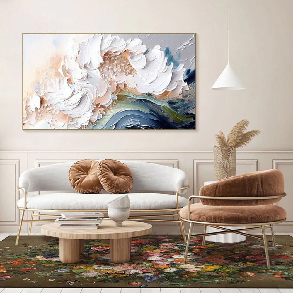 Peinture huile moderne abstraite faite main, texture épaisse vagues blanches XXL - IVOIRART.COM