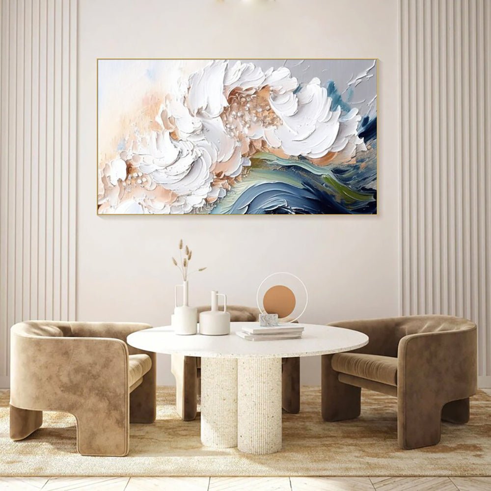 Peinture huile moderne abstraite faite main, texture épaisse vagues blanches XXL - IVOIRART.COM