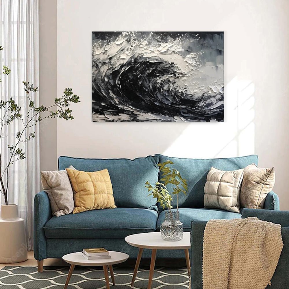 Peinture huile sur toile peinte à la main abstraite noir et blanc non encadrée . - IVOIRART.COM
