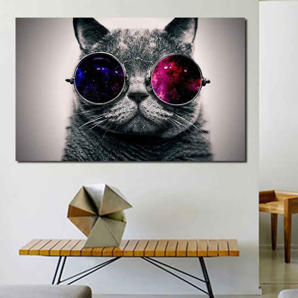 Peinture sur toile à jet d'encre décoration intérieure cadre unique chat avec lunettes de soleil - IVOIRART.COM