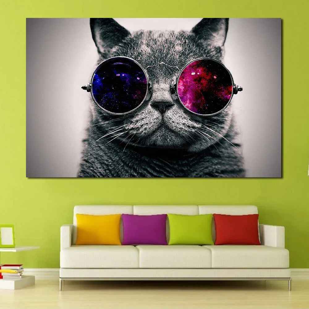 Peinture sur toile à jet d'encre décoration intérieure cadre unique chat avec lunettes de soleil - IVOIRART.COM