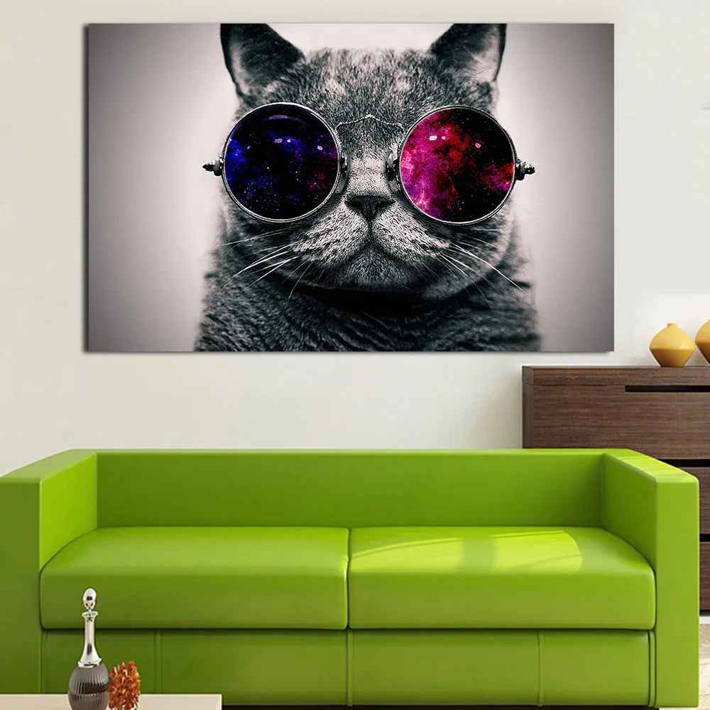 Peinture sur toile à jet d'encre décoration intérieure cadre unique chat avec lunettes de soleil - IVOIRART.COM