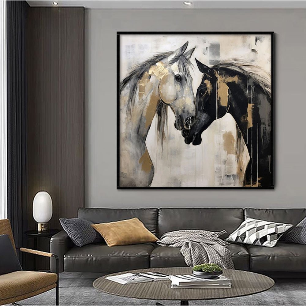 Peinture sur toile chevaux abstraits peinte à la main à la main noir et blanc moderne chic - IVOIRART.COM