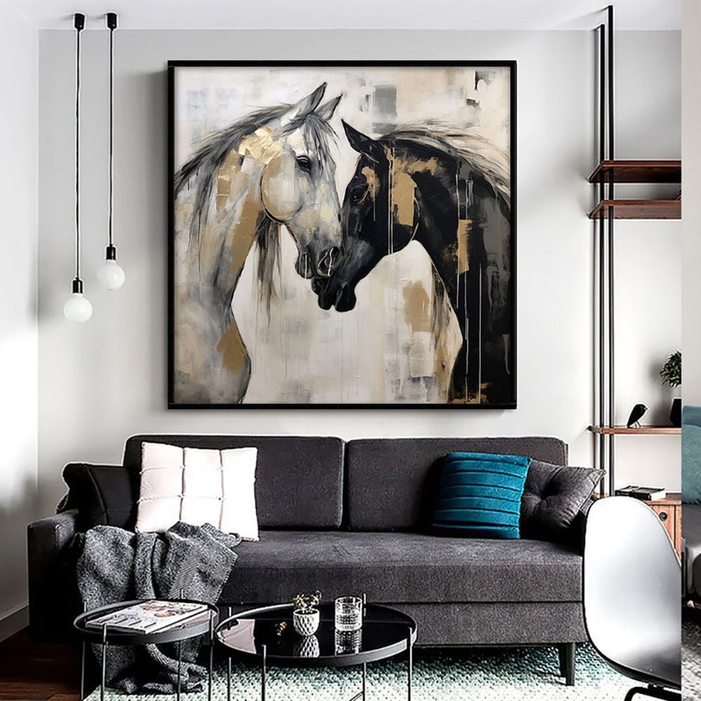 Peinture sur toile chevaux abstraits peinte à la main à la main noir et blanc moderne chic - IVOIRART.COM