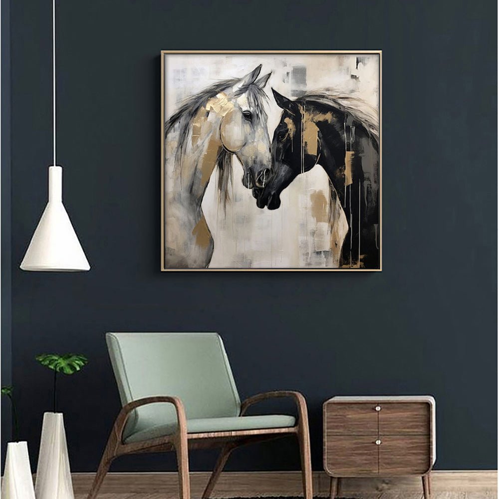 Peinture sur toile chevaux abstraits peinte à la main à la main noir et blanc moderne chic - IVOIRART.COM