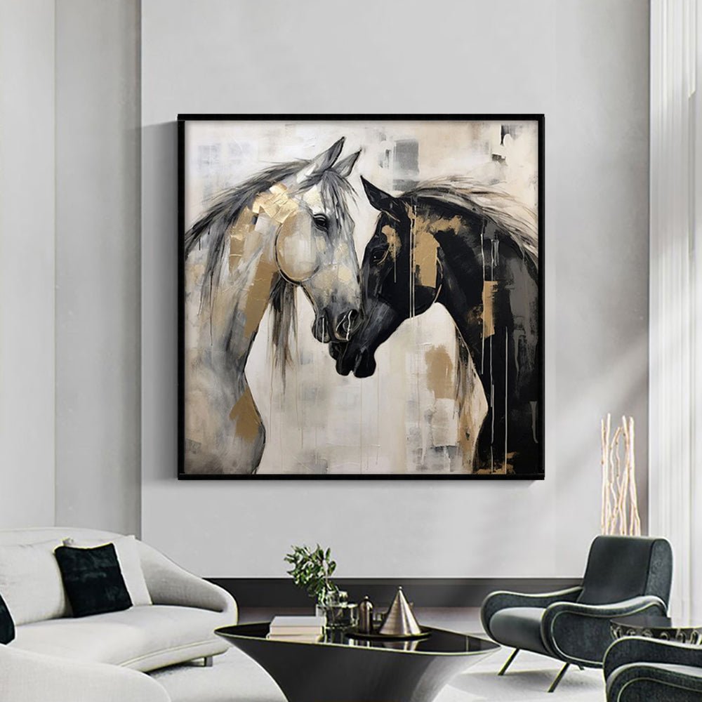 Peinture sur toile chevaux abstraits peinte à la main à la main noir et blanc moderne chic - IVOIRART.COM