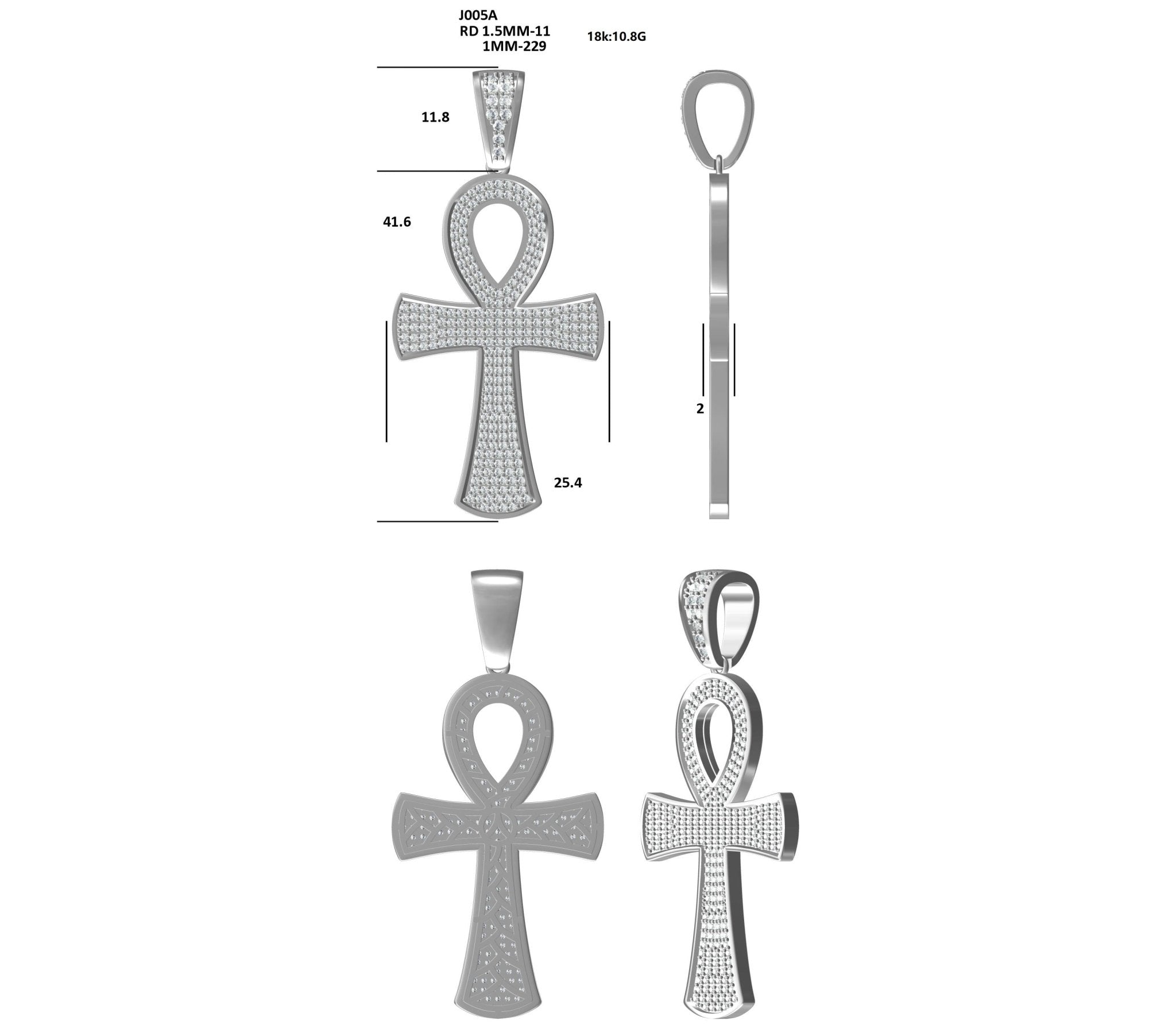 Pendentif Ankh Givré Moissanite D Couleur VVS1 240pcs Argent Sterling S925 7,2g Plaqué Platine Sans Chaîne Coffret Cadeau - IVOIRART.COM