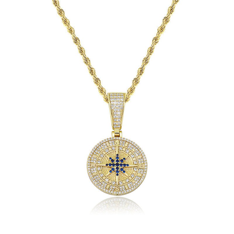 Pendentif Boussole en Zircon Complet Style Hip - Hop, Chaîne 61 cm Or/Argent - IVOIRART.COM