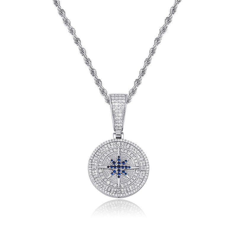 Pendentif Boussole en Zircon Complet Style Hip - Hop, Chaîne 61 cm Or/Argent - IVOIRART.COM