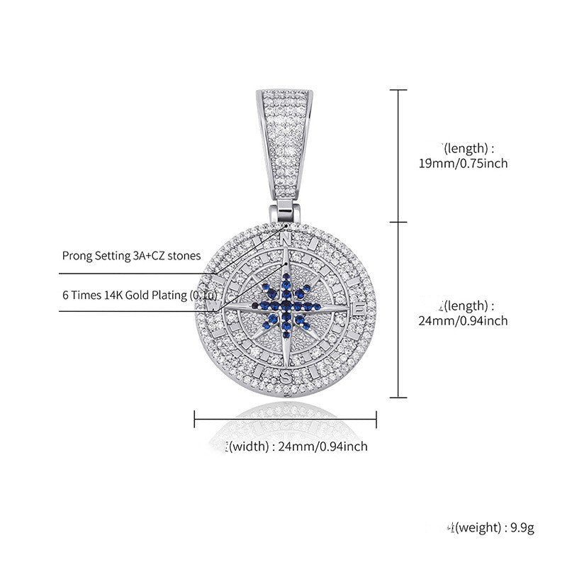 Pendentif Boussole en Zircon Complet Style Hip - Hop, Chaîne 61 cm Or/Argent - IVOIRART.COM