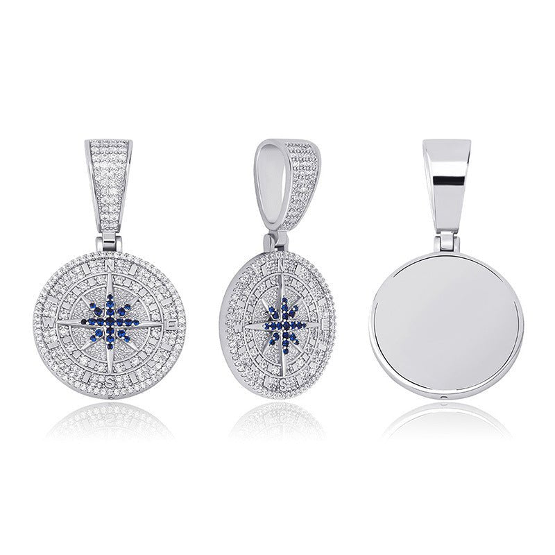 Pendentif Boussole en Zircon Complet Style Hip - Hop, Chaîne 61 cm Or/Argent - IVOIRART.COM