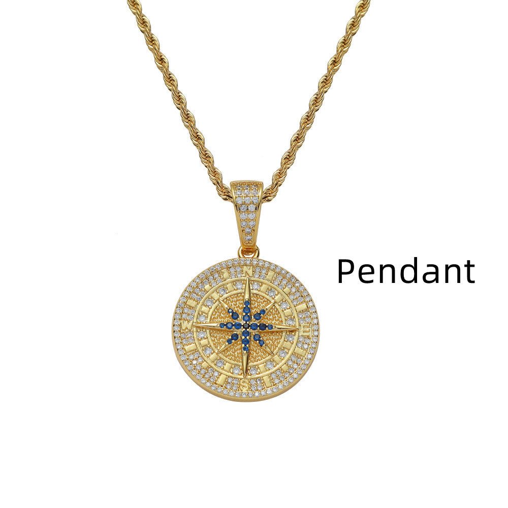Pendentif Boussole en Zircon Complet Style Hip - Hop, Chaîne 61 cm Or/Argent - IVOIRART.COM