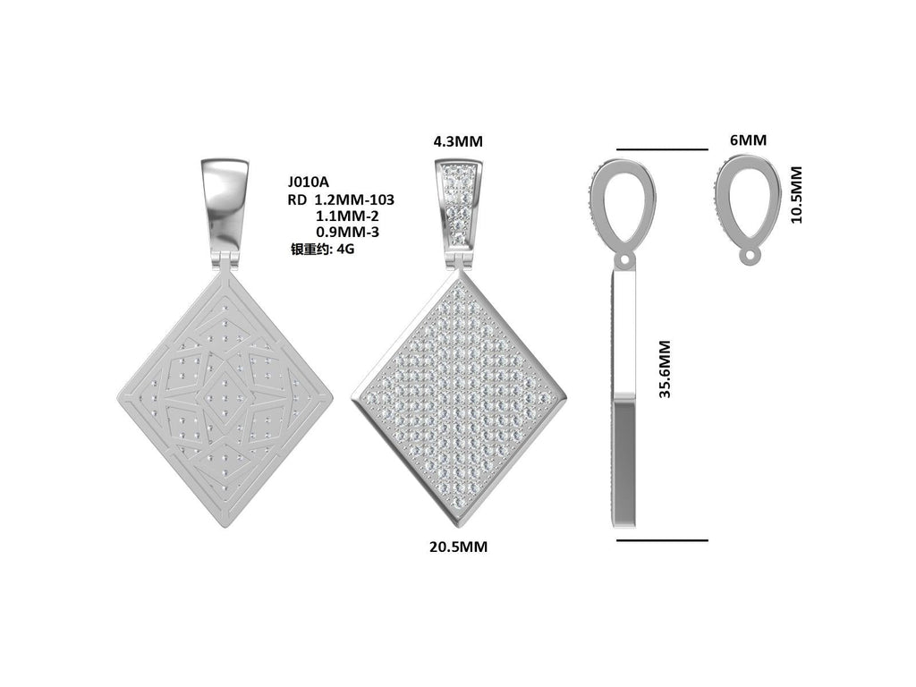 Pendentif en argent sterling S925 108 moissanites D VVS1 forme diamant 5g - IVOIRART.COM