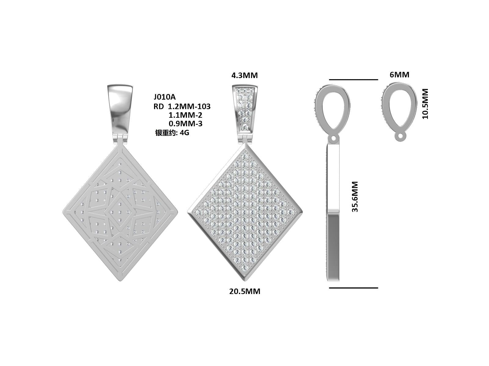 Pendentif en argent sterling S925 108 moissanites D VVS1 forme diamant 5g - IVOIRART.COM