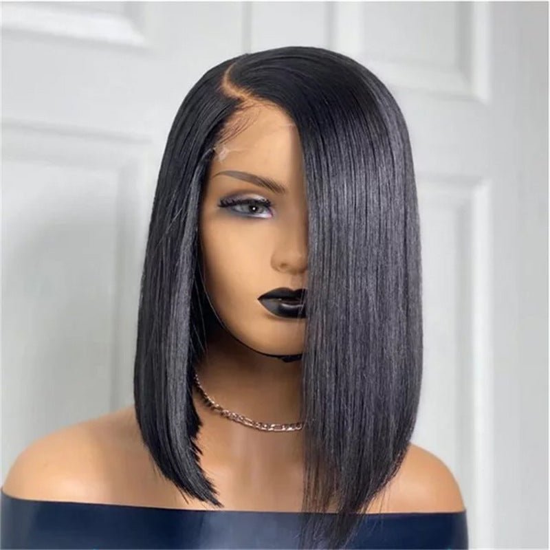 Perruque femme courte noire droite, lace front, raie centrale, fibre 14 pouces cm! - IVOIRART.COM