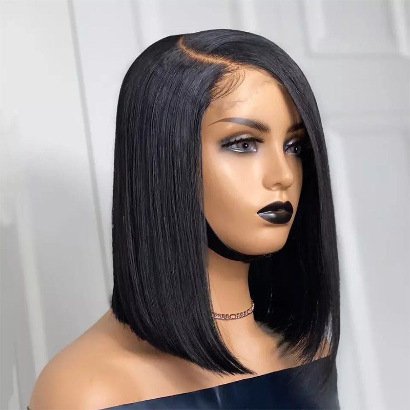 Perruque femme courte noire droite, lace front, raie centrale, fibre 14 pouces cm! - IVOIRART.COM