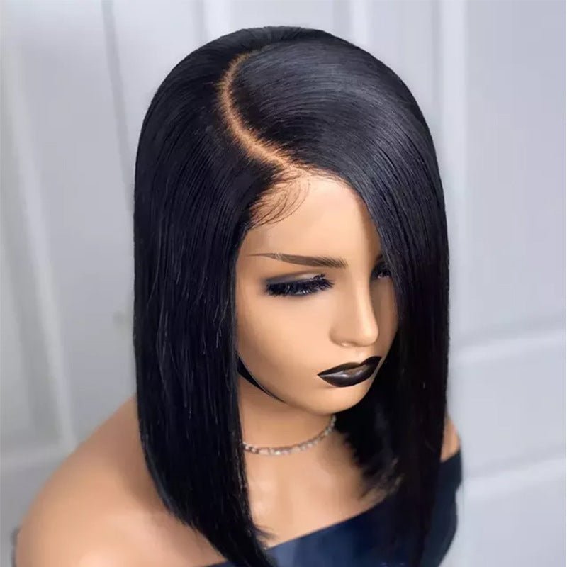 Perruque femme courte noire droite, lace front, raie centrale, fibre 14 pouces cm! - IVOIRART.COM