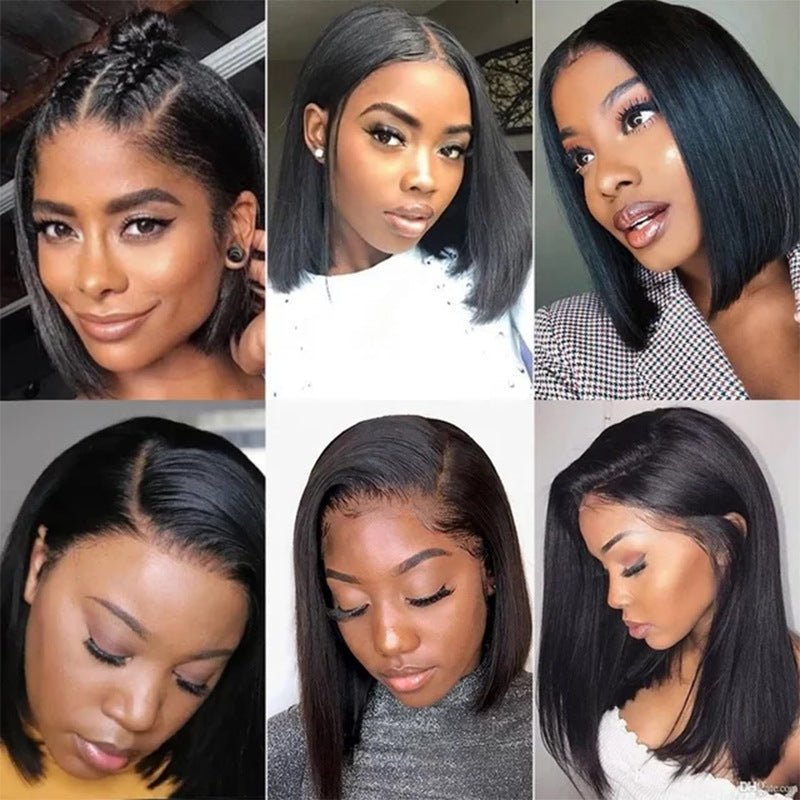 Perruque femme courte noire droite, lace front, raie centrale, fibre 14 pouces cm! - IVOIRART.COM