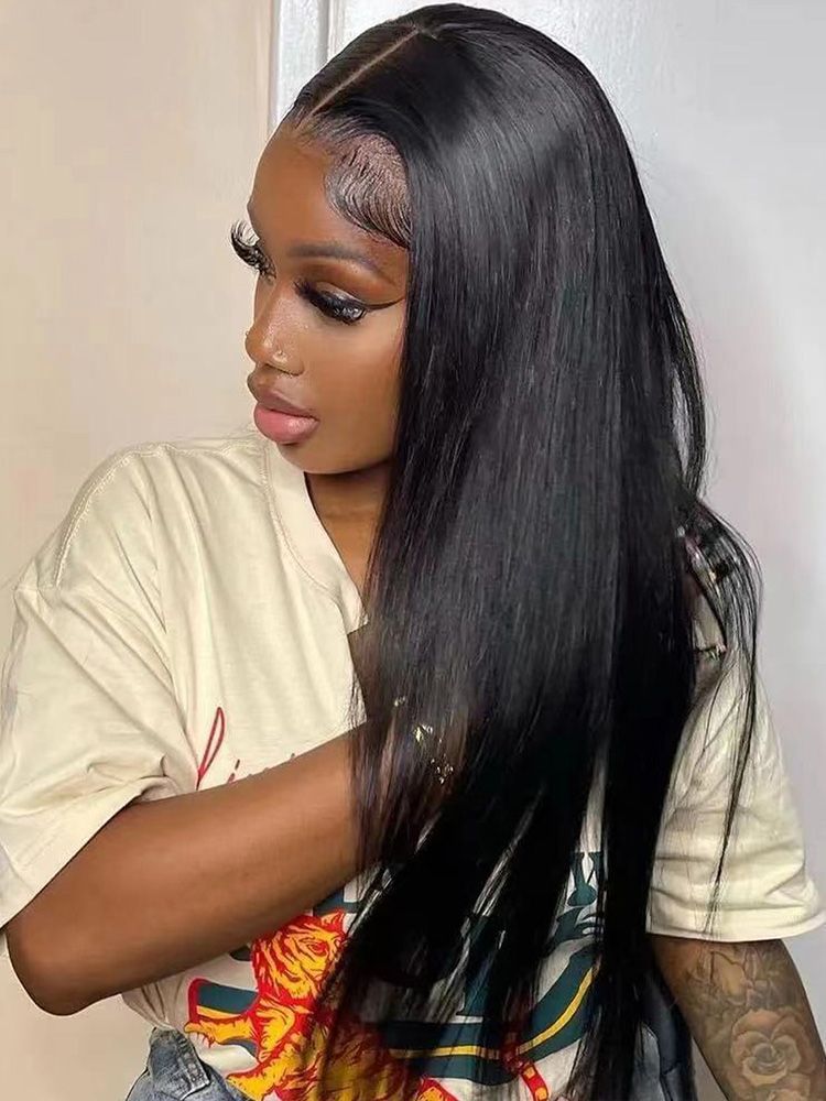 Perruque frontale T, cheveux synthétiques longs lisses noirs 26 pouces 66cm -XL - IVOIRART.COM