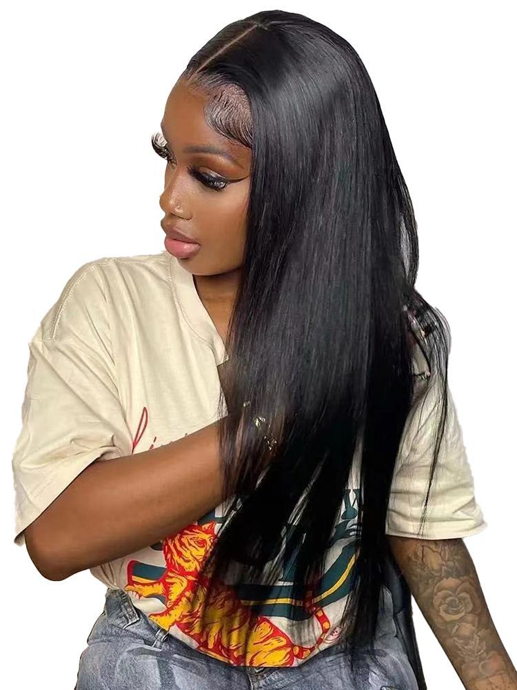 Perruque frontale T, cheveux synthétiques longs lisses noirs 26 pouces 66cm -XL - IVOIRART.COM
