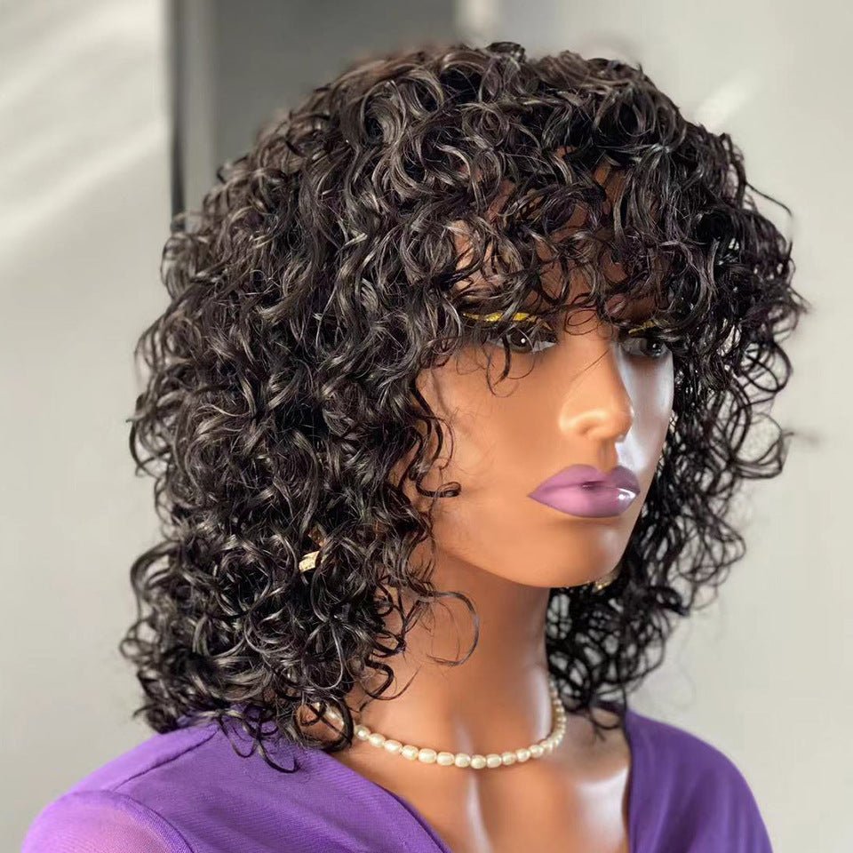Perruques en Cheveux Humains Ondulés avec Frange Effet Vague Naturelle Noire - IVOIRART.COM