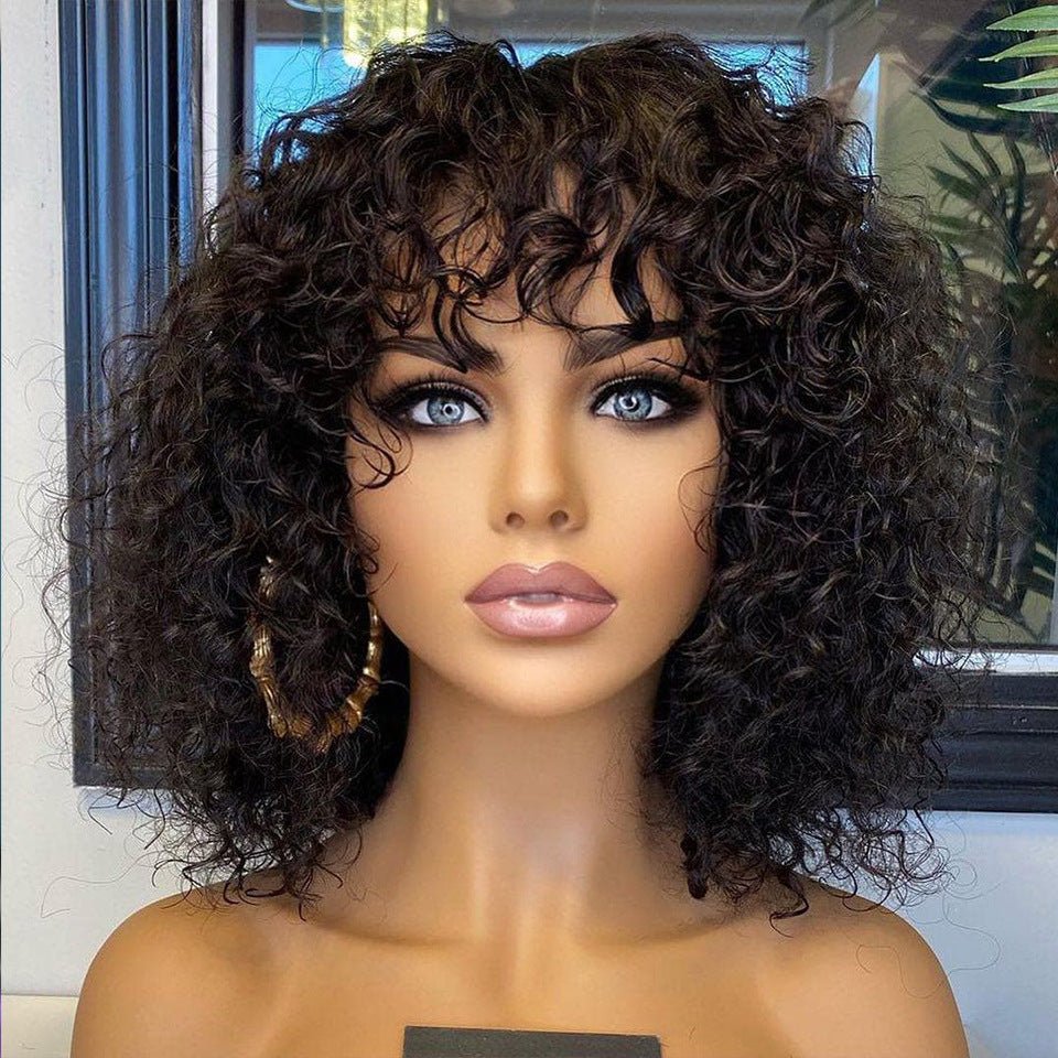 Perruques en Cheveux Humains Ondulés avec Frange Effet Vague Naturelle Noire - IVOIRART.COM