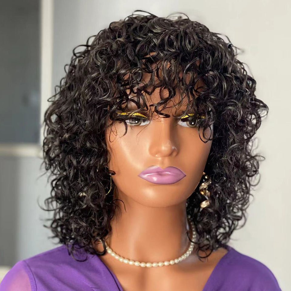 Perruques en Cheveux Humains Ondulés avec Frange Effet Vague Naturelle Noire - IVOIRART.COM