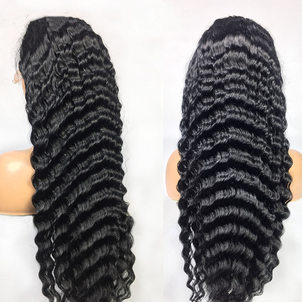 Perruques en cheveux naturels ondulés profonds 28-30 pouces avec front en dentelle 13x4 - IVOIRART.COM