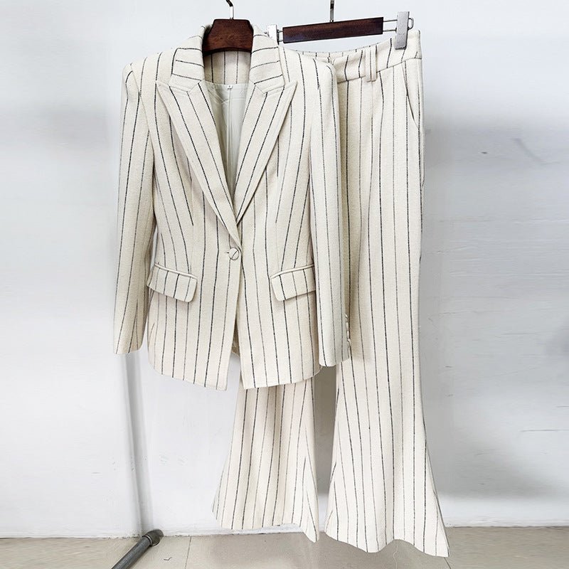 Pinstriped Brushed Suit Jacket And Pants Set Two-Piece Ensemble - IVOIRART.COM