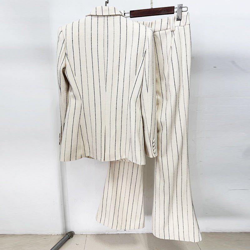 Pinstriped Brushed Suit Jacket And Pants Set Two-Piece Ensemble - IVOIRART.COM