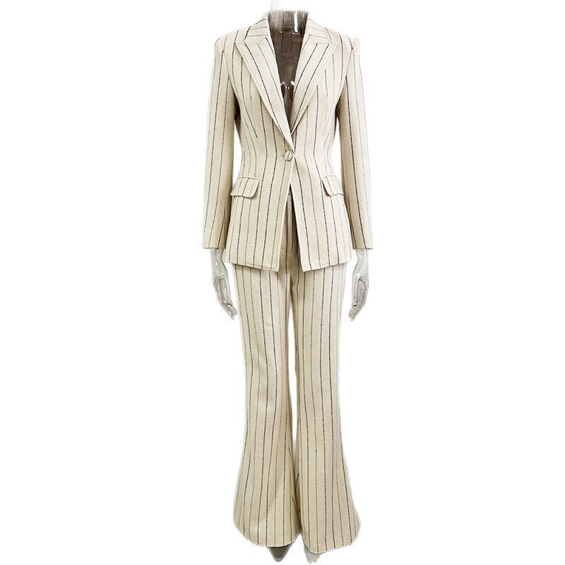 Pinstriped Brushed Suit Jacket And Pants Set Two-Piece Ensemble - IVOIRART.COM