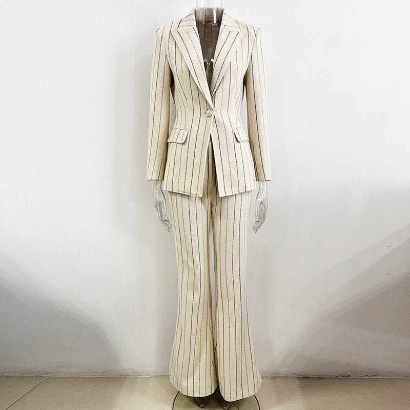 Pinstriped Brushed Suit Jacket And Pants Set Two-Piece Ensemble - IVOIRART.COM