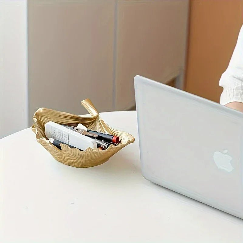 Plateau de Rangement Luxe Nordique Feuille de Ginkgo Dorée Élégante - IVOIRART.COM