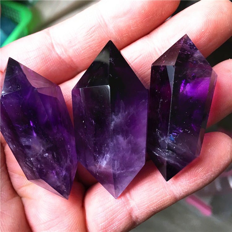 Pointe double d'améthyste naturelle d'Uruguay — pilier poli violet décoratif 4cm - IVOIRART.COM