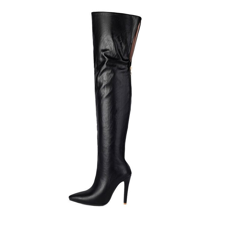 Pointed-toe Back-zip Stiletto-heel Leg-slimming Over-the-knee Patent Leather Boots - IVOIRART.COM