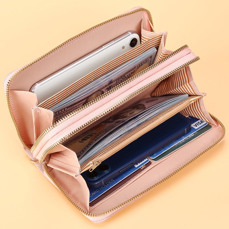 Portefeuille Long Femme Simple à Double Fermeture Éclair avec Multiples Emplacements pour Cartes - IVOIRART.COM