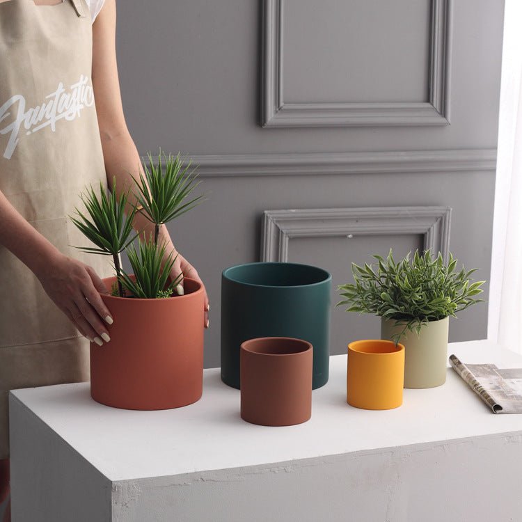 Pot de Fleurs Cylindrique Coloré en Céramique Style Industriel Nordique avec Trou et Plateau - IVOIRART.COM