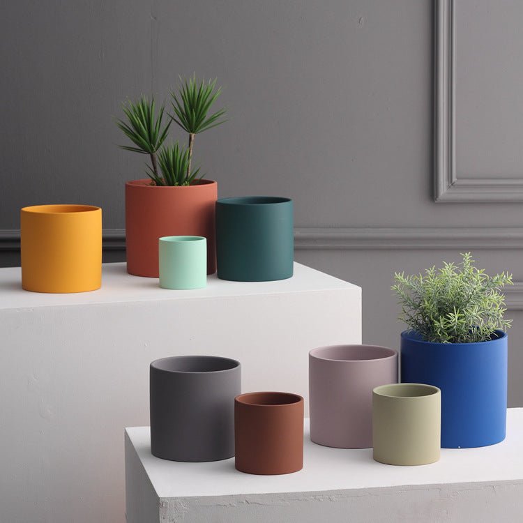 Pot de Fleurs Cylindrique Coloré en Céramique Style Industriel Nordique avec Trou et Plateau - IVOIRART.COM