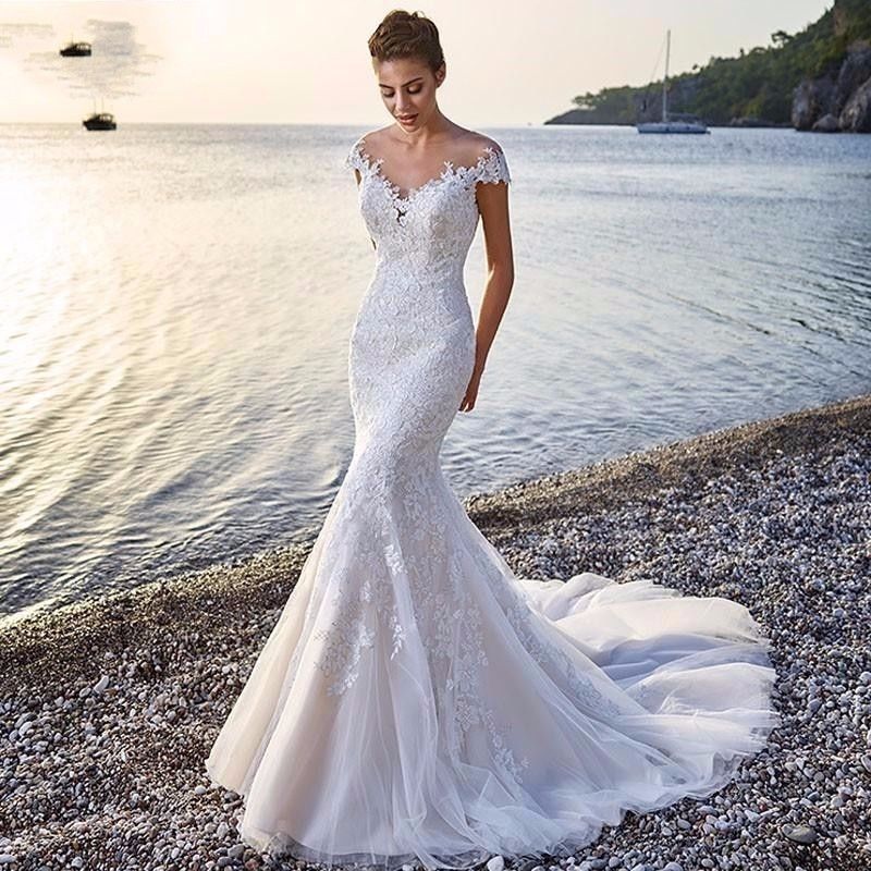 Princess Bride Mermaid Wedding Dress White Trailing Perspective Backless Lace Wedding Dress - IVOIRART.COM