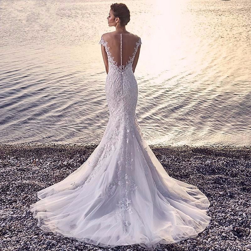 Princess Bride Mermaid Wedding Dress White Trailing Perspective Backless Lace Wedding Dress - IVOIRART.COM