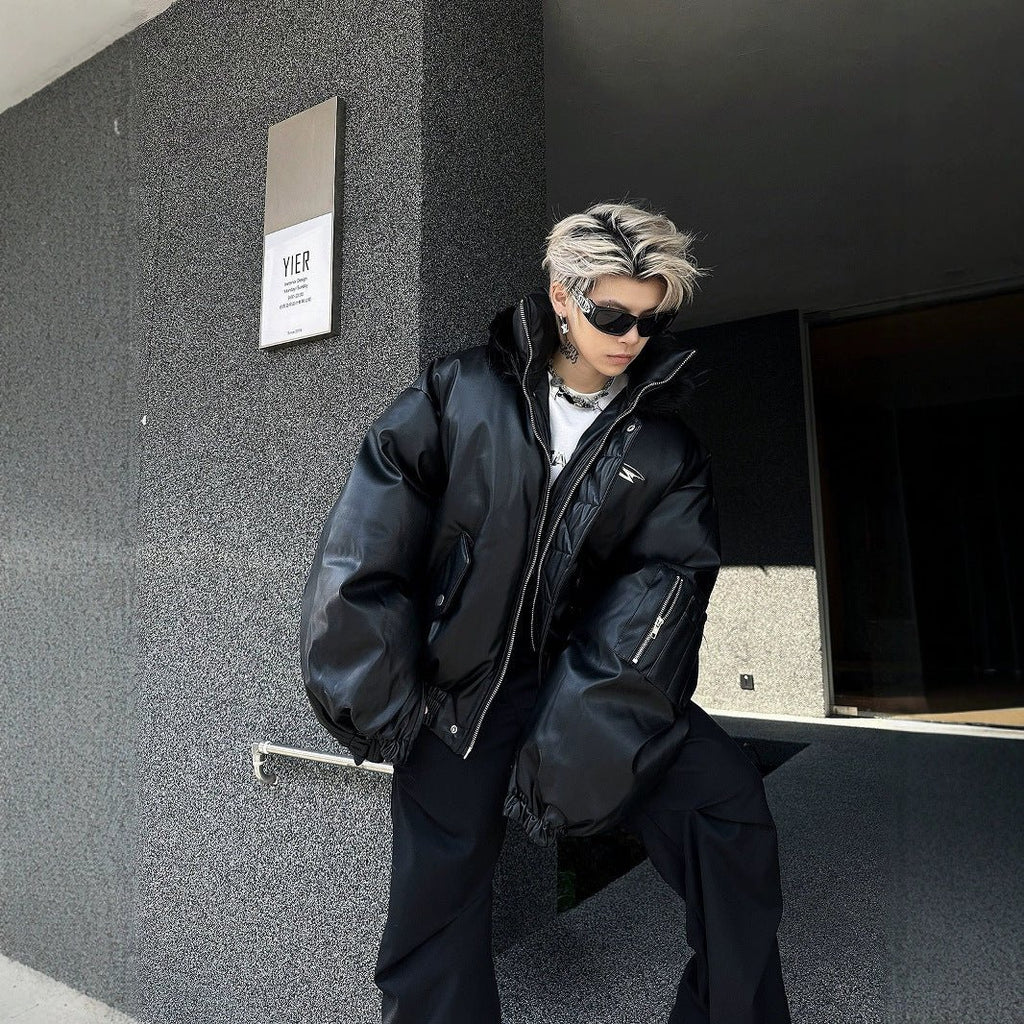 PU Leather Hooded Cotton Coat Jacket Warm And Loose Top - IVOIRART.COM