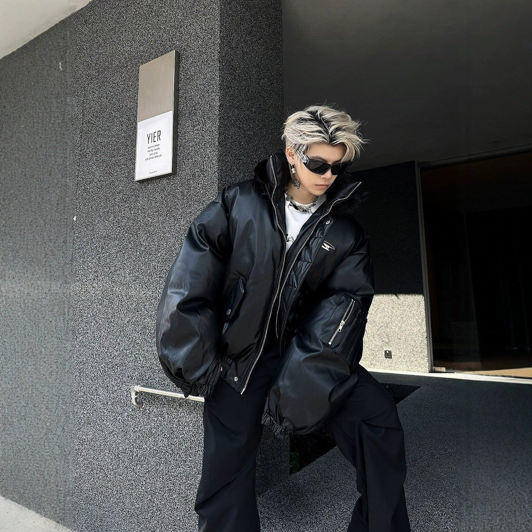 PU Leather Hooded Cotton Coat Jacket Warm And Loose Top - IVOIRART.COM