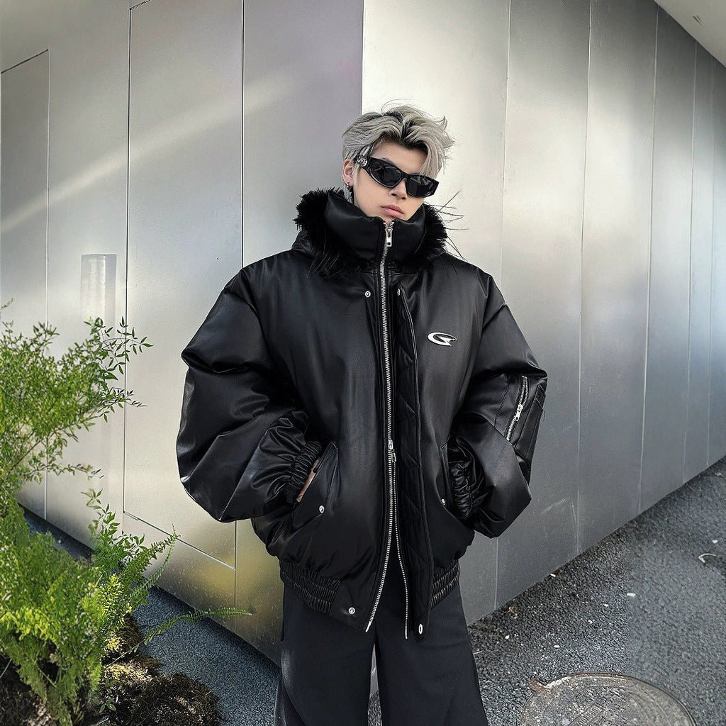 PU Leather Hooded Cotton Coat Jacket Warm And Loose Top - IVOIRART.COM