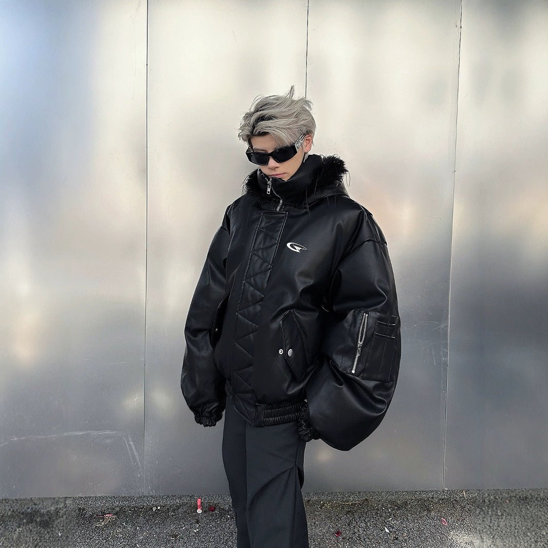 PU Leather Hooded Cotton Coat Jacket Warm And Loose Top - IVOIRART.COM