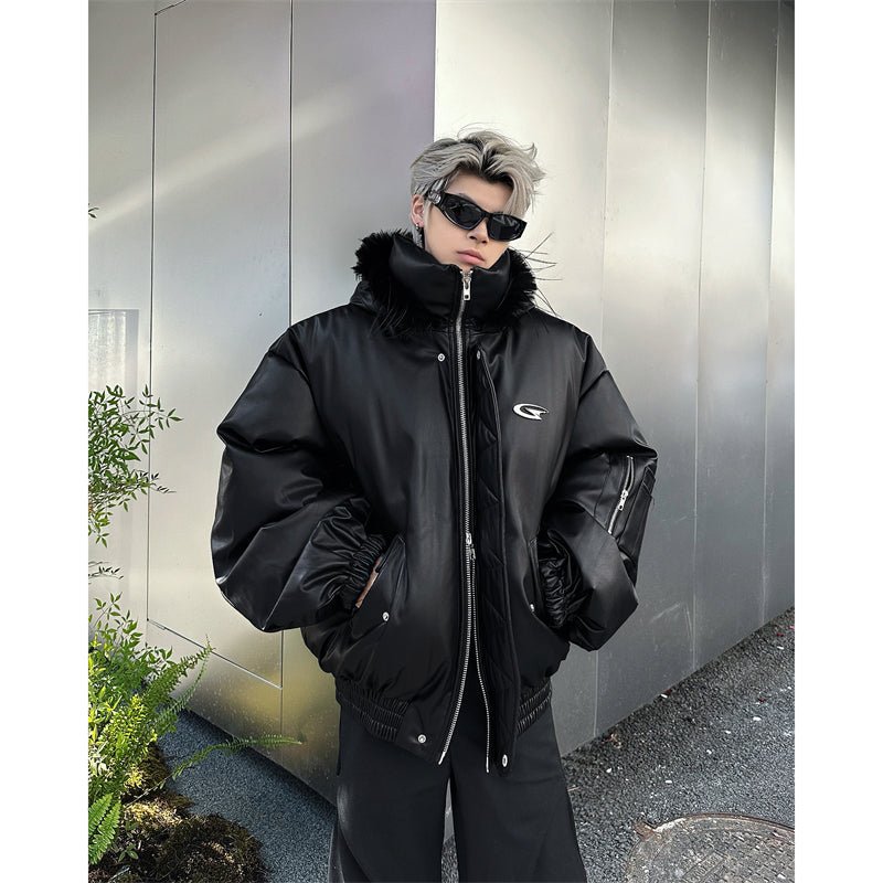 PU Leather Hooded Cotton Coat Jacket Warm And Loose Top - IVOIRART.COM